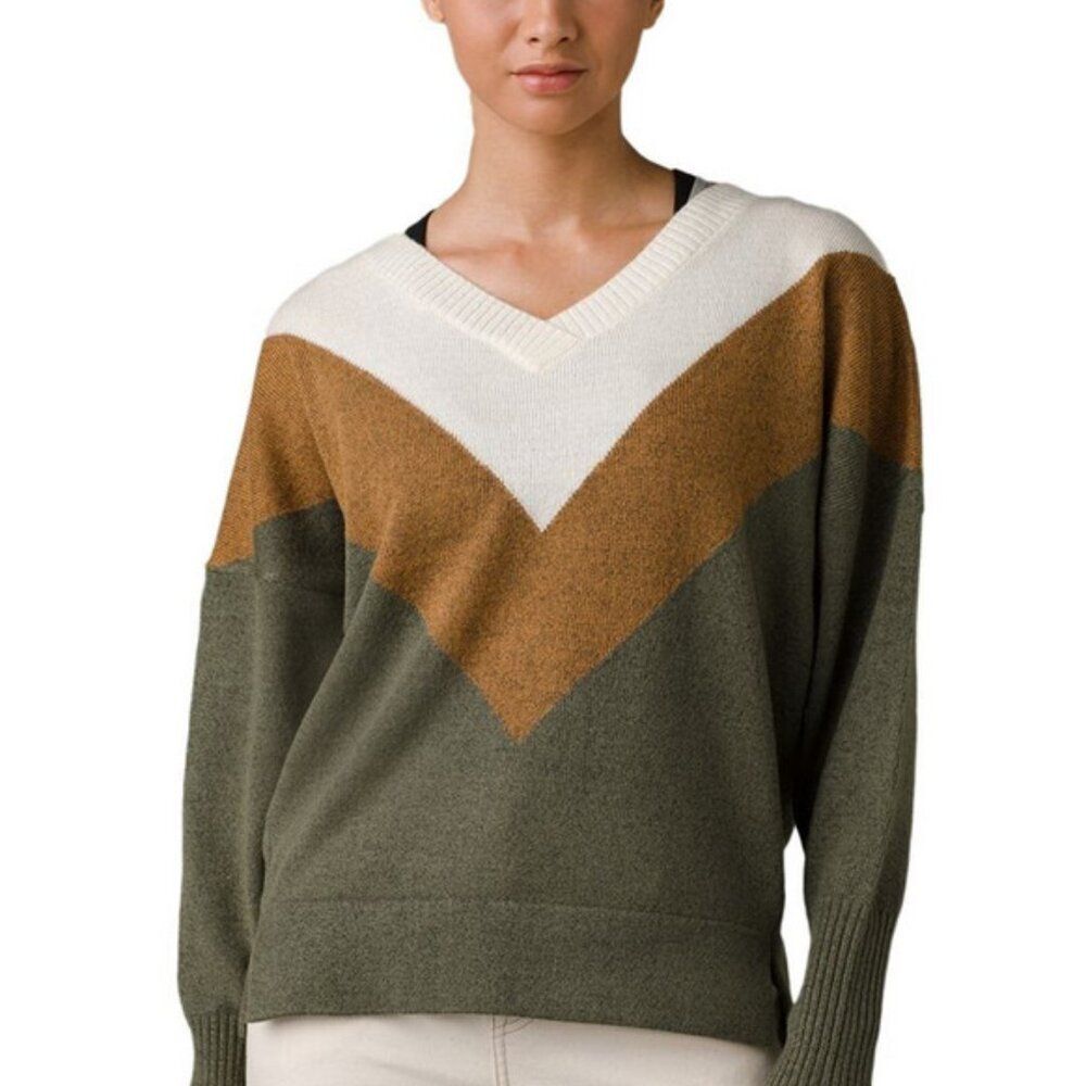 PrAna Norfolk Sweater intarsia stripe wool blend retro V neck 🍁 Fall! 🍁 M